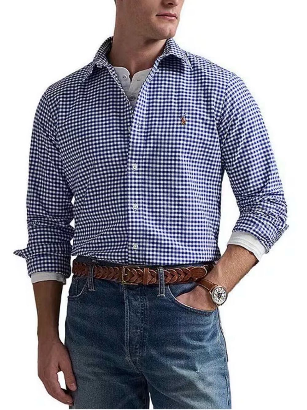 Ralph Lauren Navy and White Gingham Button-Down Shirt Size Large